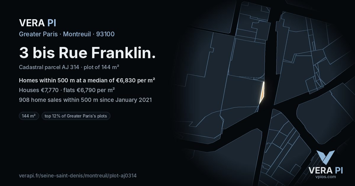 3 bis Rue Franklin, Montreuil at night – the plot lit, the parcels around coloured by the prices near them
