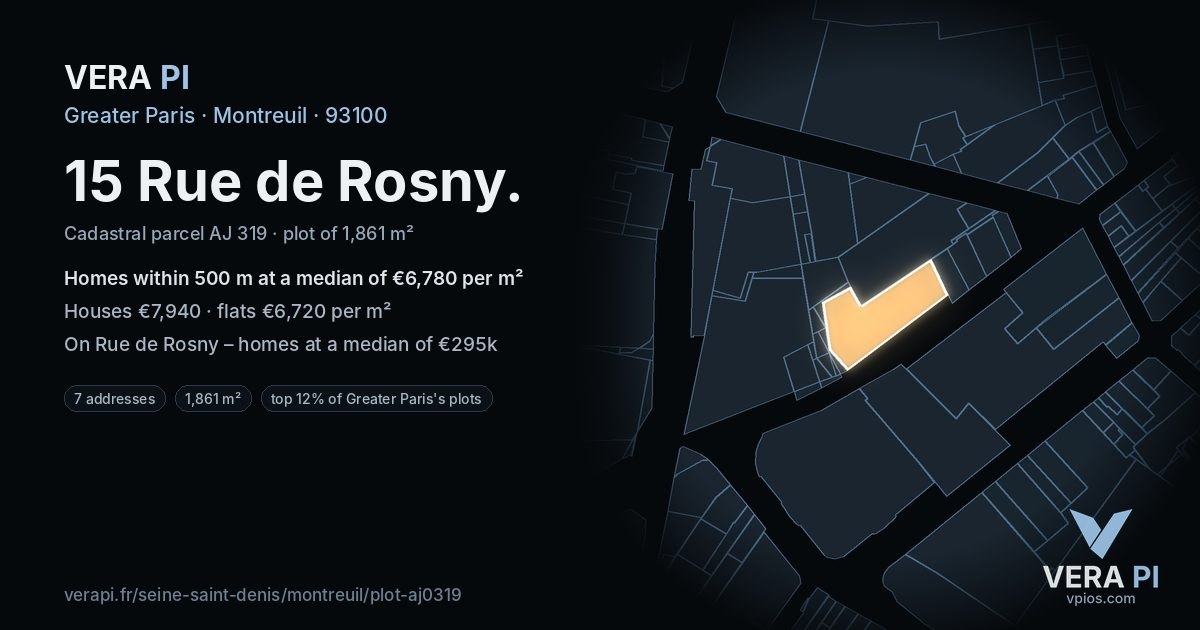 15 Rue de Rosny, Montreuil at night – the plot lit, the parcels around coloured by the prices near them