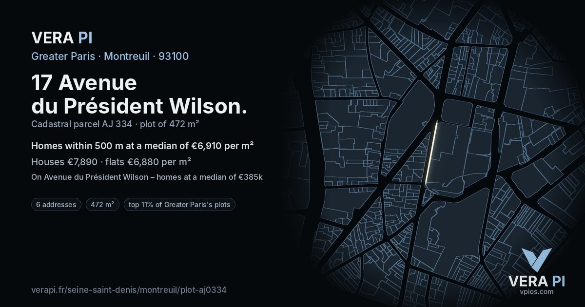 17 Avenue du Président Wilson, Montreuil at night – the plot lit, the parcels around coloured by the prices near them