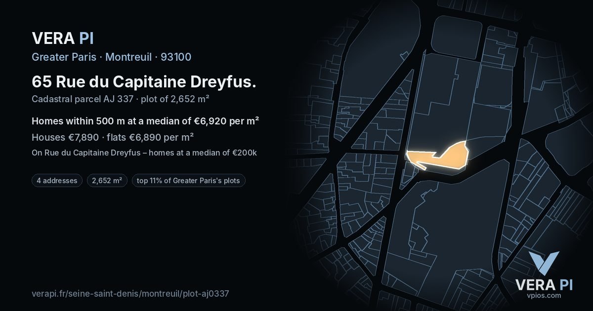 65 Rue du Capitaine Dreyfus, Montreuil at night – the plot lit, the parcels around coloured by the prices near them