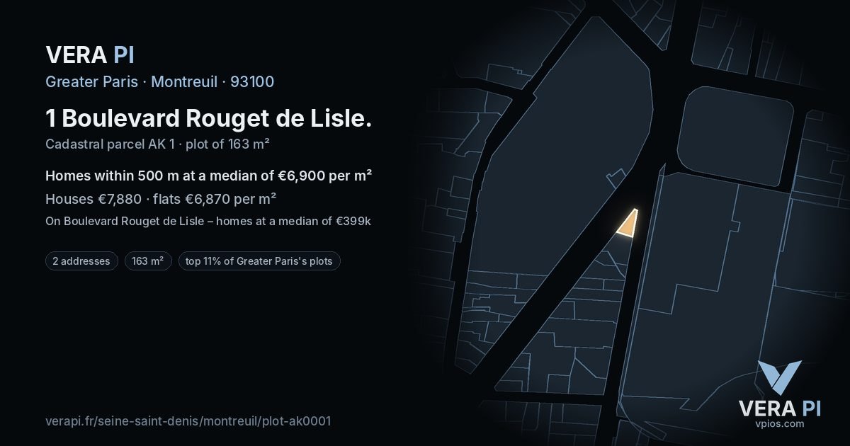 1 Boulevard Rouget de Lisle, Montreuil at night – the plot lit, the parcels around coloured by the prices near them