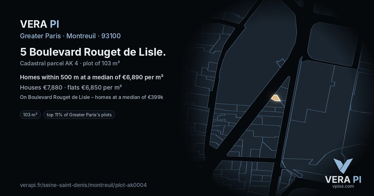 5 Boulevard Rouget de Lisle, Montreuil at night – the plot lit, the parcels around coloured by the prices near them