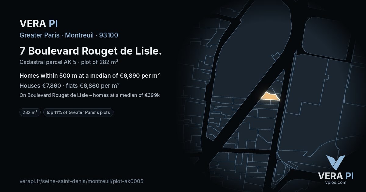 7 Boulevard Rouget de Lisle, Montreuil at night – the plot lit, the parcels around coloured by the prices near them