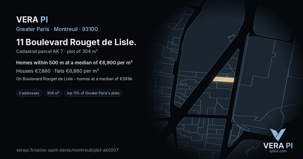 11 Boulevard Rouget de Lisle, Montreuil at night – the plot lit, the parcels around coloured by the prices near them