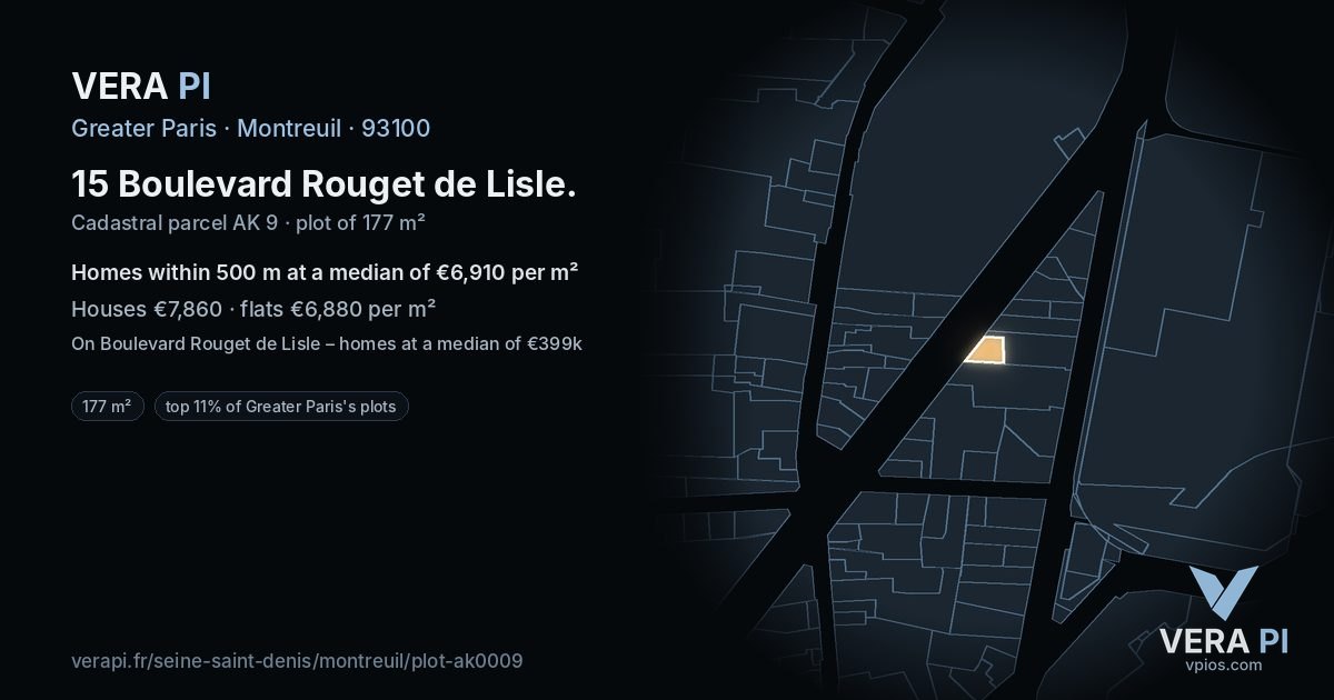 15 Boulevard Rouget de Lisle, Montreuil at night – the plot lit, the parcels around coloured by the prices near them