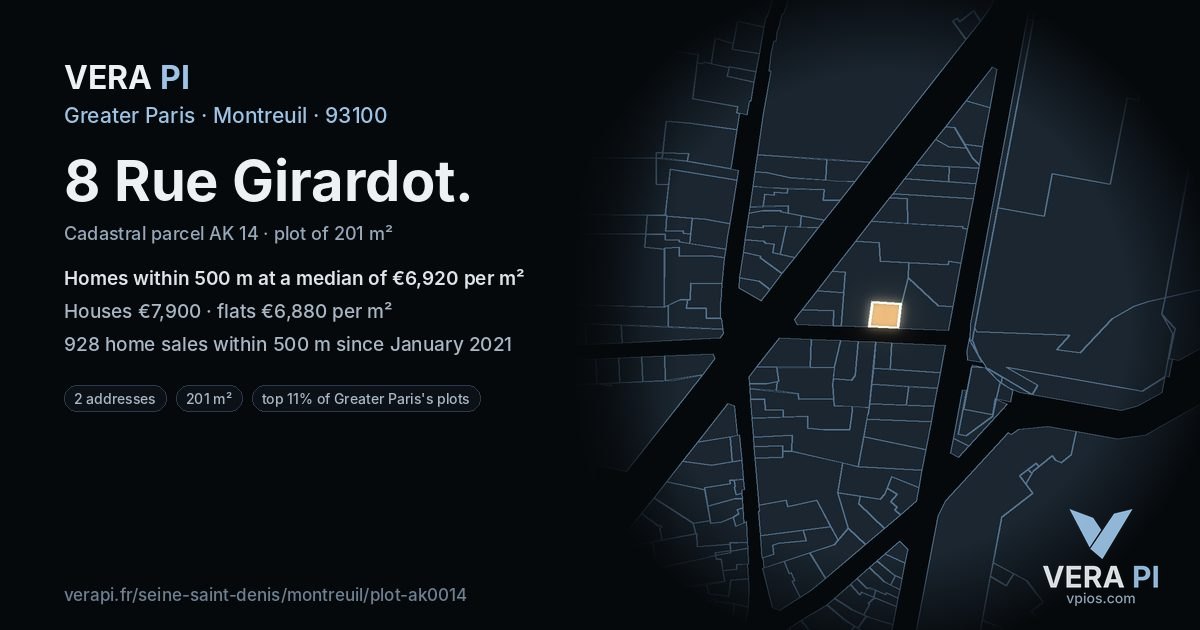 8 Rue Girardot, Montreuil at night – the plot lit, the parcels around coloured by the prices near them