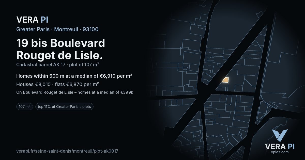 19 bis Boulevard Rouget de Lisle, Montreuil at night – the plot lit, the parcels around coloured by the prices near them