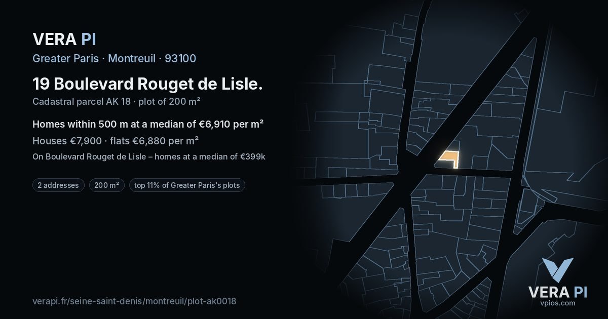 19 Boulevard Rouget de Lisle, Montreuil at night – the plot lit, the parcels around coloured by the prices near them