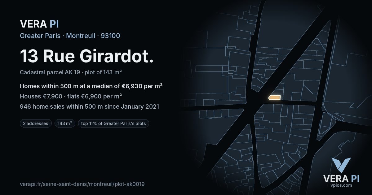 13 Rue Girardot, Montreuil at night – the plot lit, the parcels around coloured by the prices near them