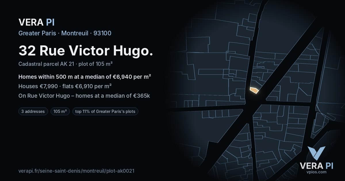 32 Rue Victor Hugo, Montreuil at night – the plot lit, the parcels around coloured by the prices near them