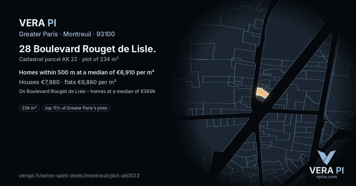 28 Boulevard Rouget de Lisle, Montreuil at night – the plot lit, the parcels around coloured by the prices near them