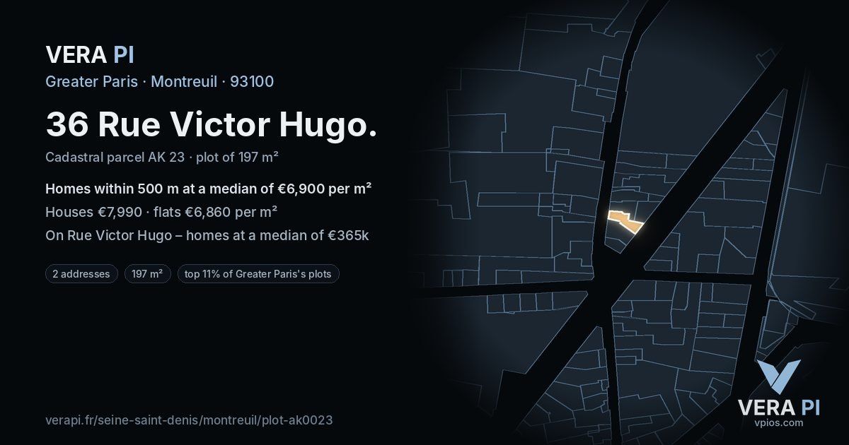 36 Rue Victor Hugo, Montreuil at night – the plot lit, the parcels around coloured by the prices near them