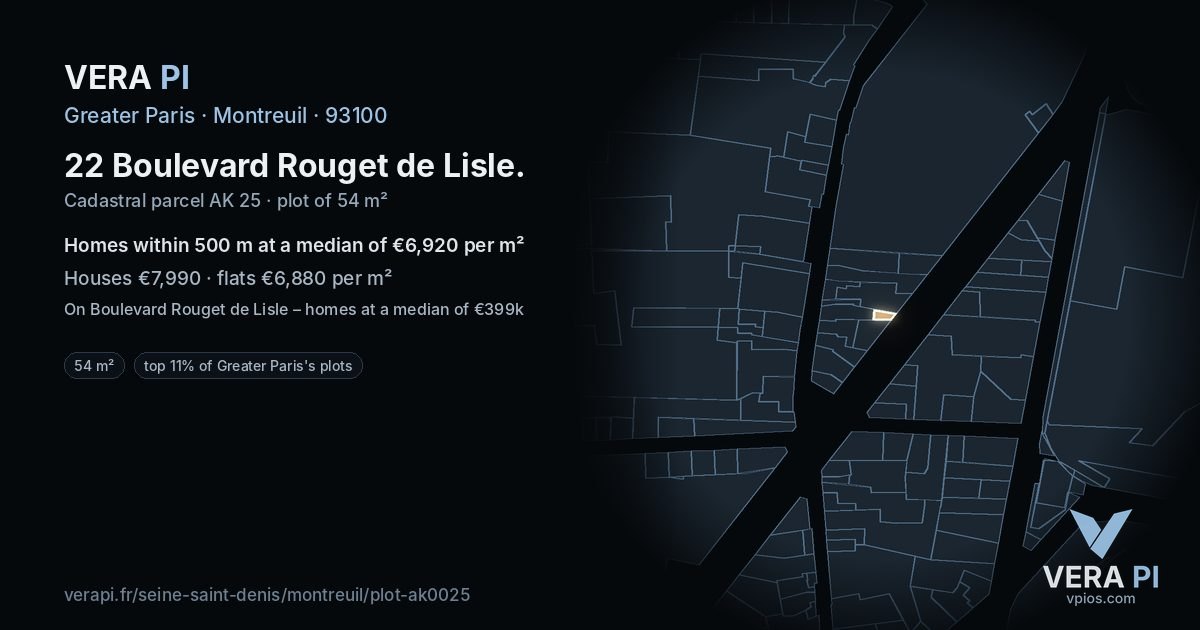 22 Boulevard Rouget de Lisle, Montreuil at night – the plot lit, the parcels around coloured by the prices near them