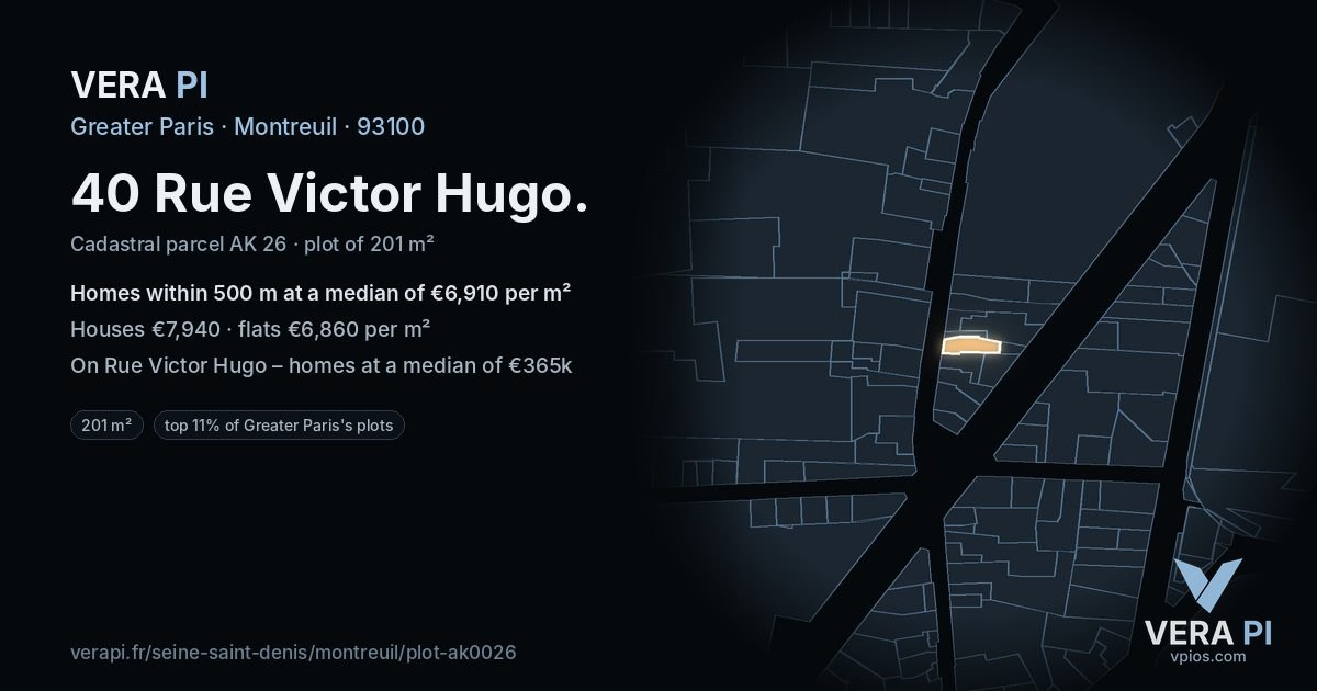 40 Rue Victor Hugo, Montreuil at night – the plot lit, the parcels around coloured by the prices near them