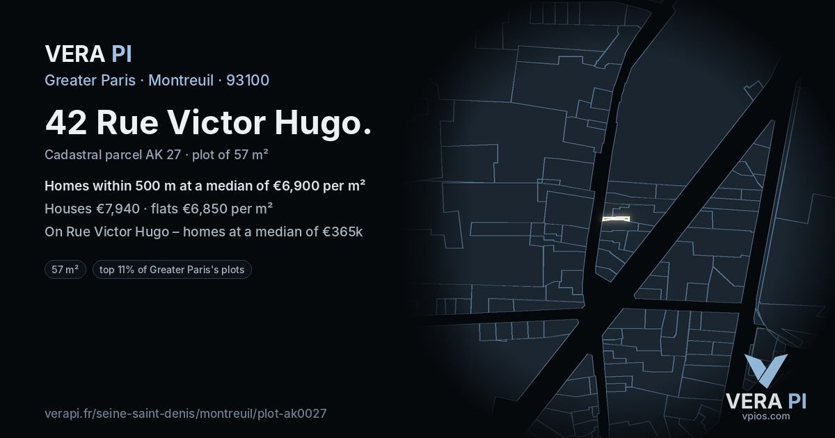 42 Rue Victor Hugo, Montreuil at night – the plot lit, the parcels around coloured by the prices near them