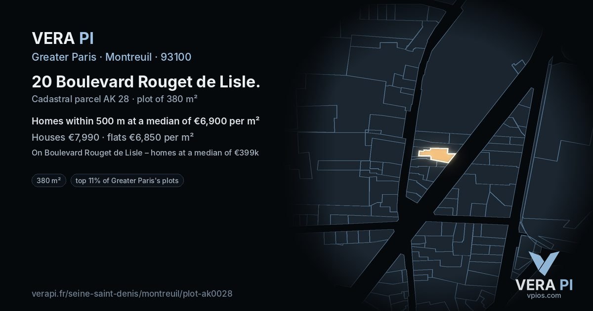 20 Boulevard Rouget de Lisle, Montreuil at night – the plot lit, the parcels around coloured by the prices near them