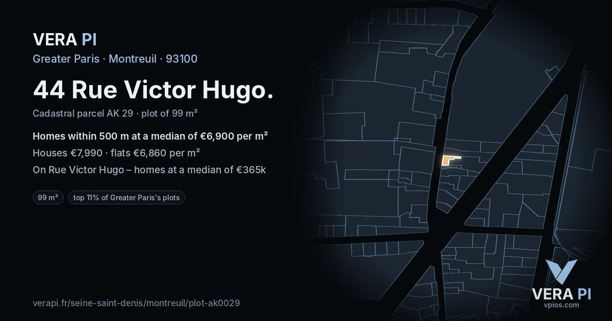 44 Rue Victor Hugo, Montreuil at night – the plot lit, the parcels around coloured by the prices near them
