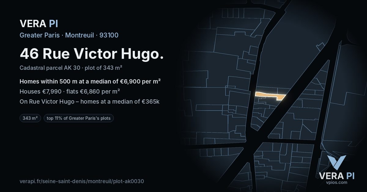 46 Rue Victor Hugo, Montreuil at night – the plot lit, the parcels around coloured by the prices near them