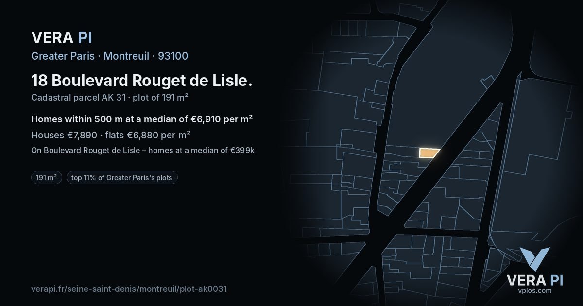 18 Boulevard Rouget de Lisle, Montreuil at night – the plot lit, the parcels around coloured by the prices near them