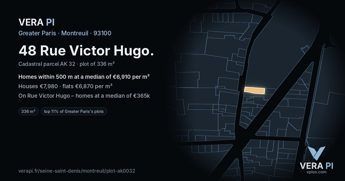 48 Rue Victor Hugo, Montreuil at night – the plot lit, the parcels around coloured by the prices near them