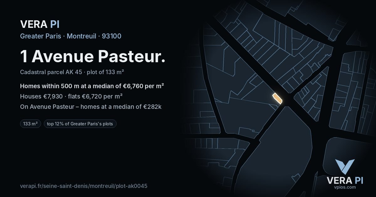 1 Avenue Pasteur, Montreuil at night – the plot lit, the parcels around coloured by the prices near them