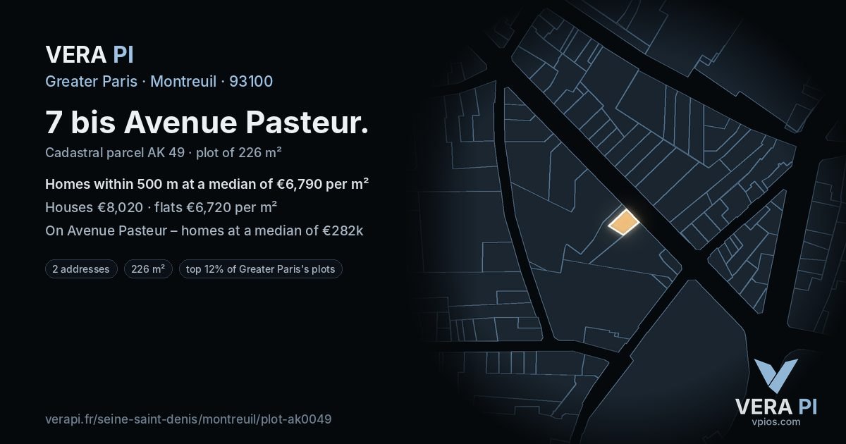 7 bis Avenue Pasteur, Montreuil at night – the plot lit, the parcels around coloured by the prices near them