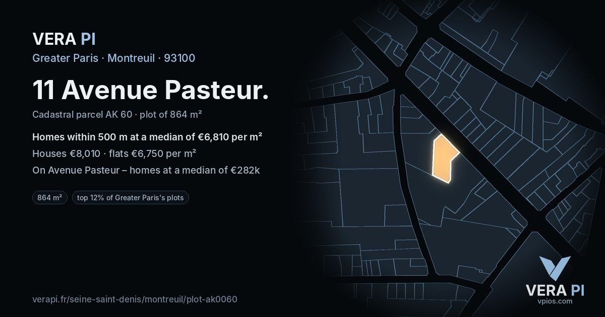 11 Avenue Pasteur, Montreuil at night – the plot lit, the parcels around coloured by the prices near them