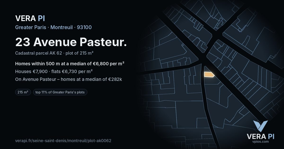 23 Avenue Pasteur, Montreuil at night – the plot lit, the parcels around coloured by the prices near them