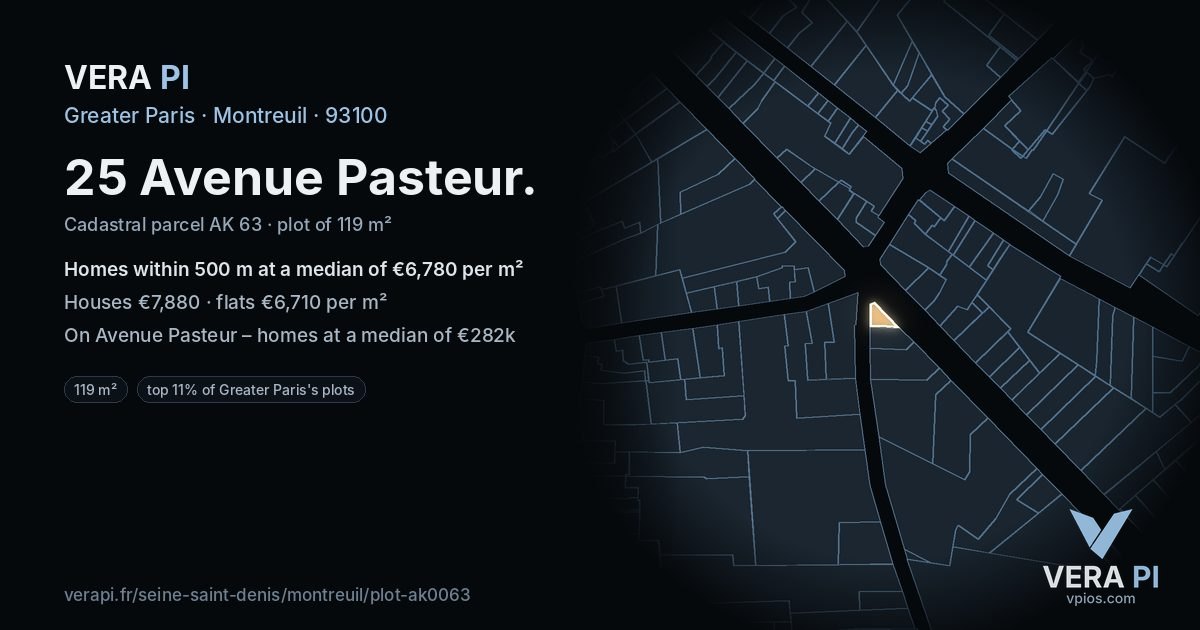 25 Avenue Pasteur, Montreuil at night – the plot lit, the parcels around coloured by the prices near them
