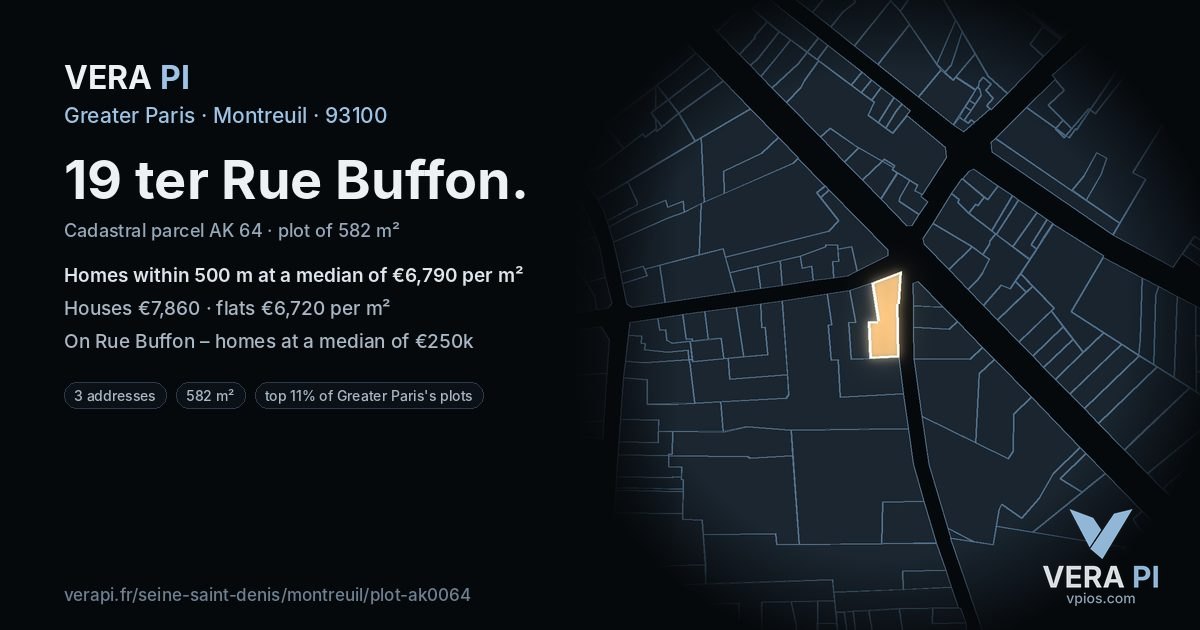 19 ter Rue Buffon, Montreuil at night – the plot lit, the parcels around coloured by the prices near them