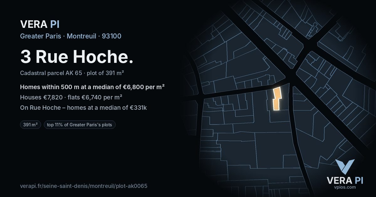 3 Rue Hoche, Montreuil at night – the plot lit, the parcels around coloured by the prices near them