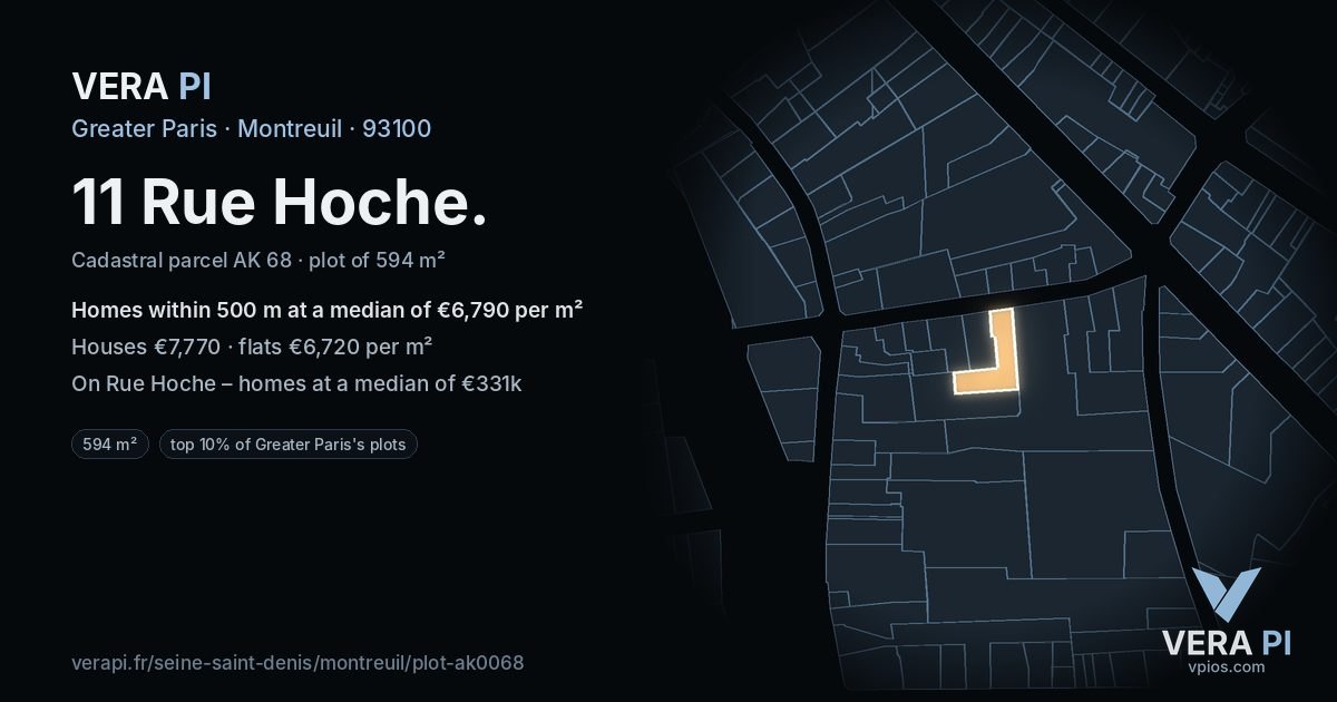 11 Rue Hoche, Montreuil at night – the plot lit, the parcels around coloured by the prices near them