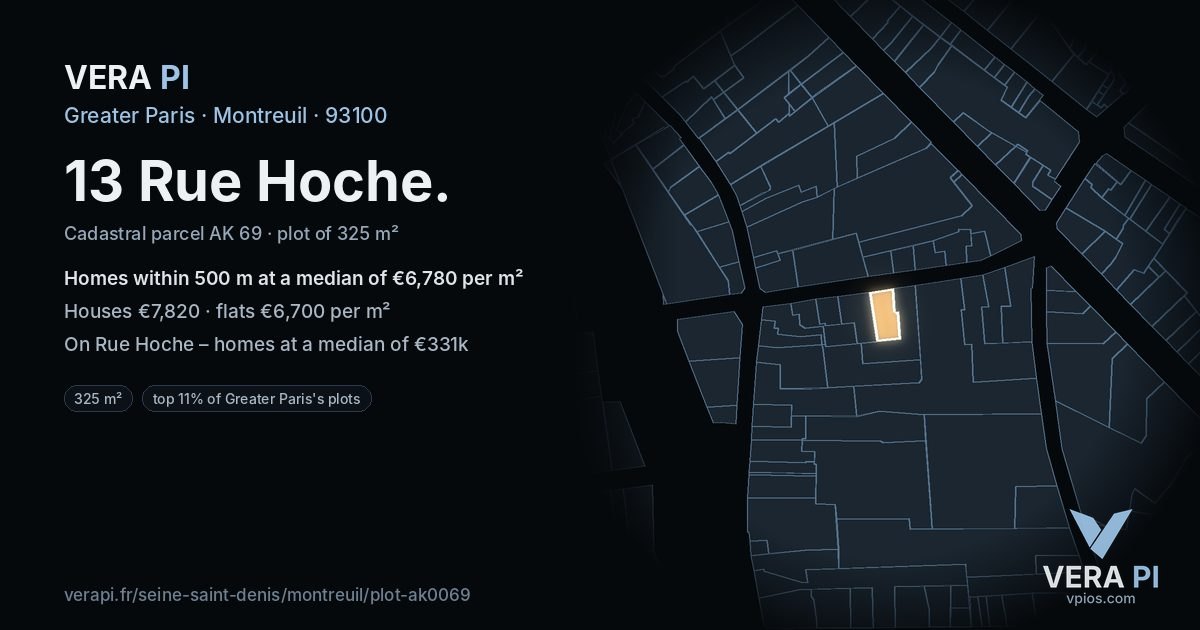 13 Rue Hoche, Montreuil at night – the plot lit, the parcels around coloured by the prices near them