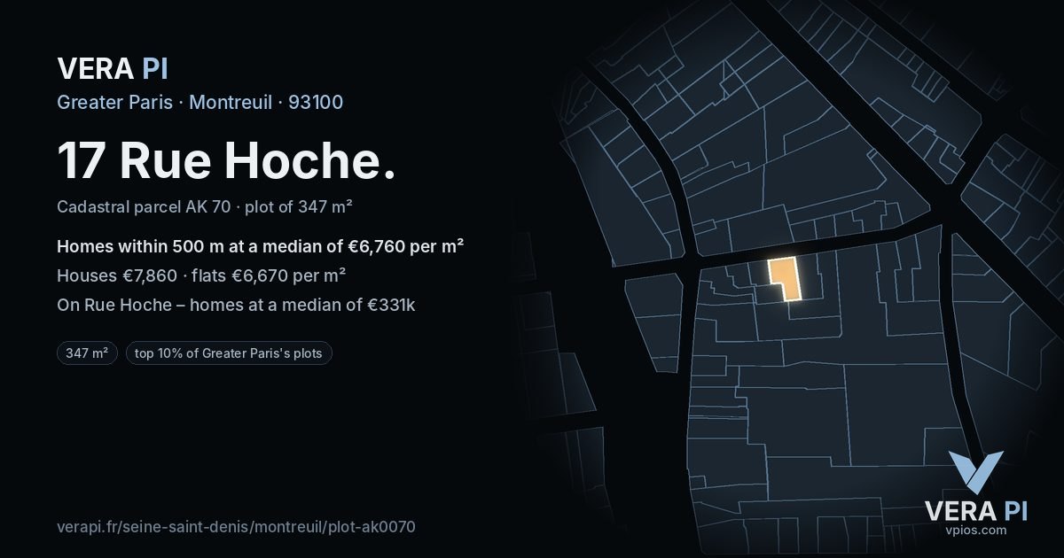 17 Rue Hoche, Montreuil at night – the plot lit, the parcels around coloured by the prices near them