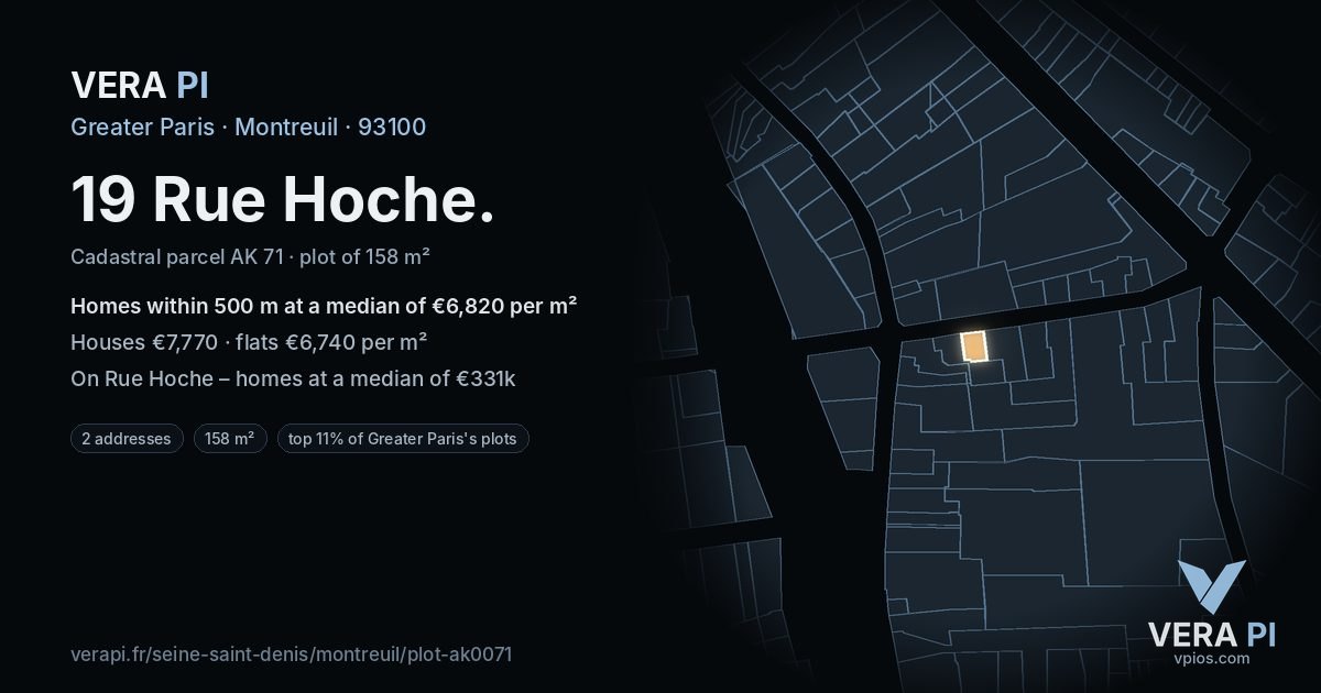 19 Rue Hoche, Montreuil at night – the plot lit, the parcels around coloured by the prices near them