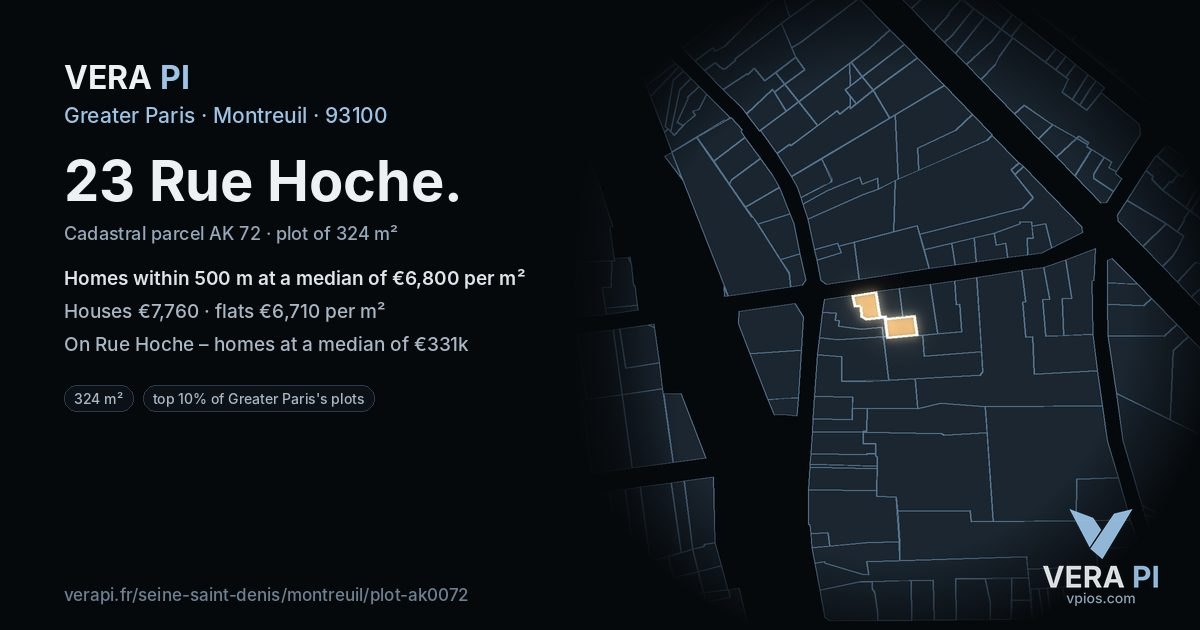 23 Rue Hoche, Montreuil at night – the plot lit, the parcels around coloured by the prices near them