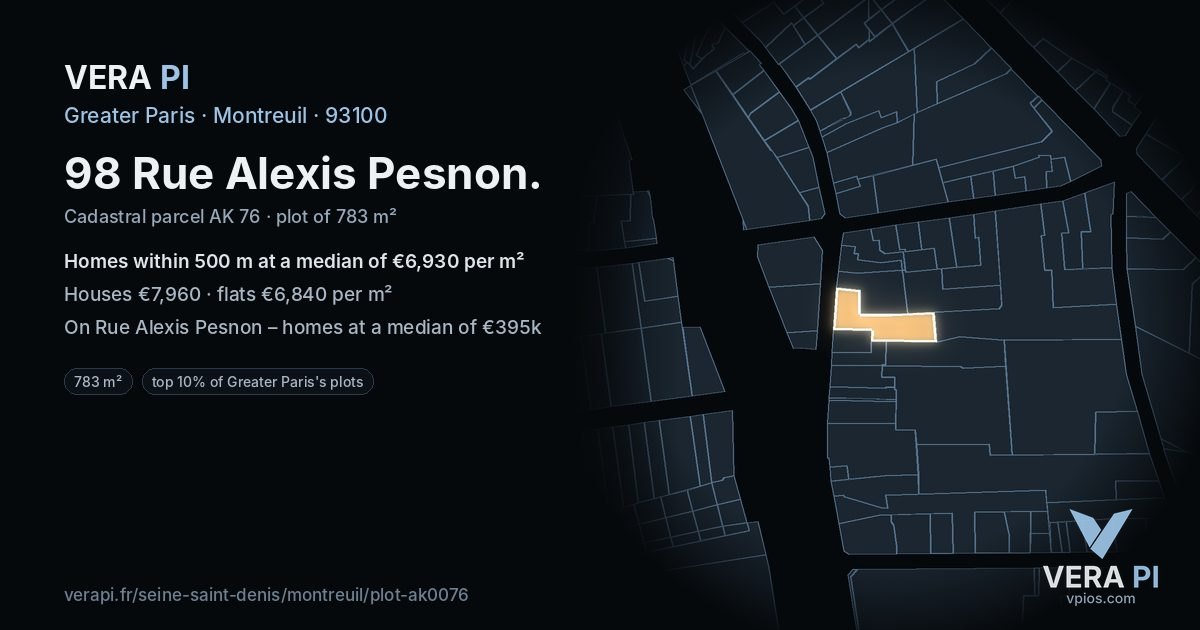 98 Rue Alexis Pesnon, Montreuil at night – the plot lit, the parcels around coloured by the prices near them