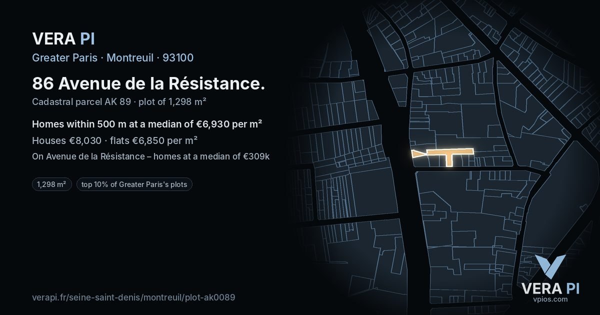 86 Avenue de la Résistance, Montreuil at night – the plot lit, the parcels around coloured by the prices near them