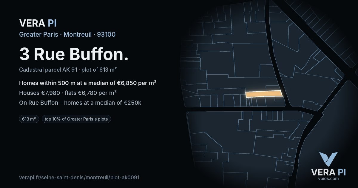 3 Rue Buffon, Montreuil at night – the plot lit, the parcels around coloured by the prices near them