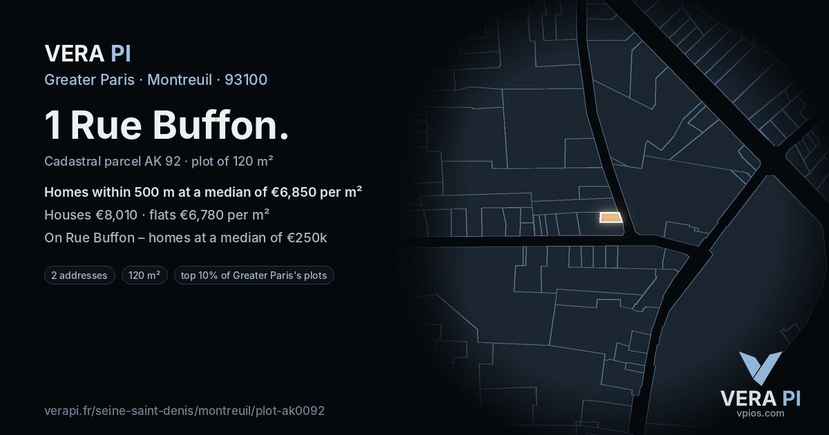 1 Rue Buffon, Montreuil at night – the plot lit, the parcels around coloured by the prices near them