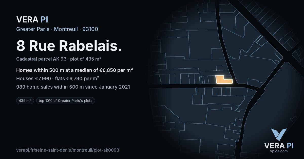 8 Rue Rabelais, Montreuil at night – the plot lit, the parcels around coloured by the prices near them