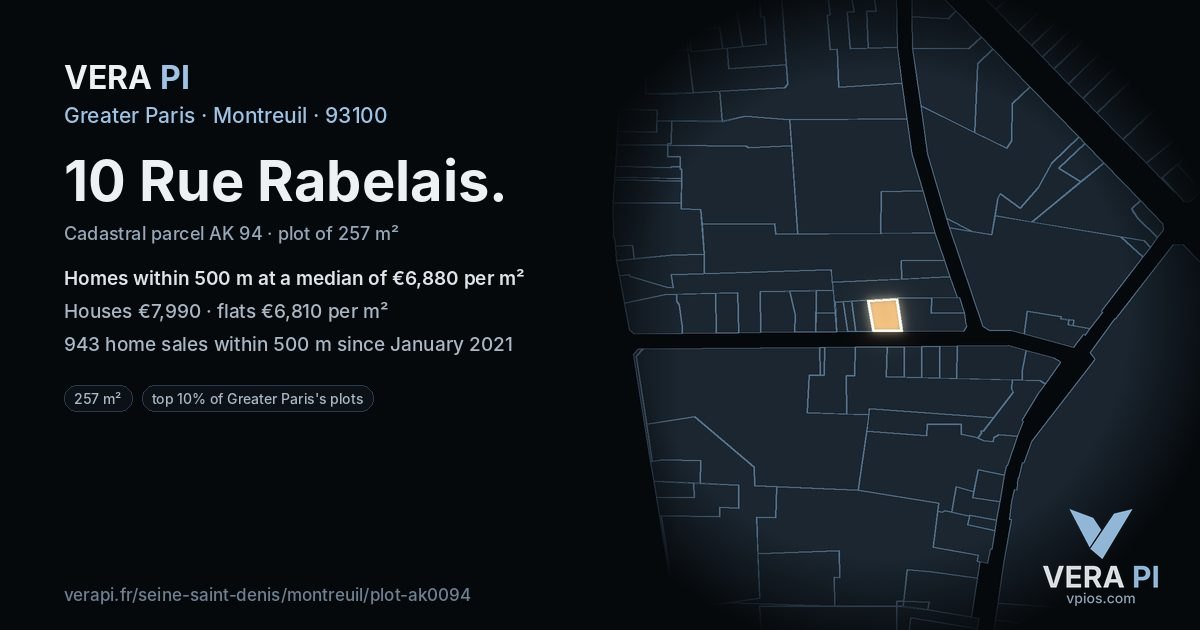 10 Rue Rabelais, Montreuil at night – the plot lit, the parcels around coloured by the prices near them
