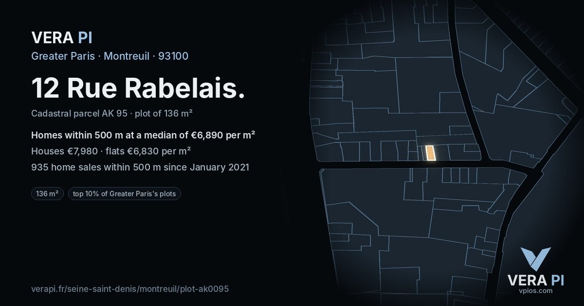 12 Rue Rabelais, Montreuil at night – the plot lit, the parcels around coloured by the prices near them