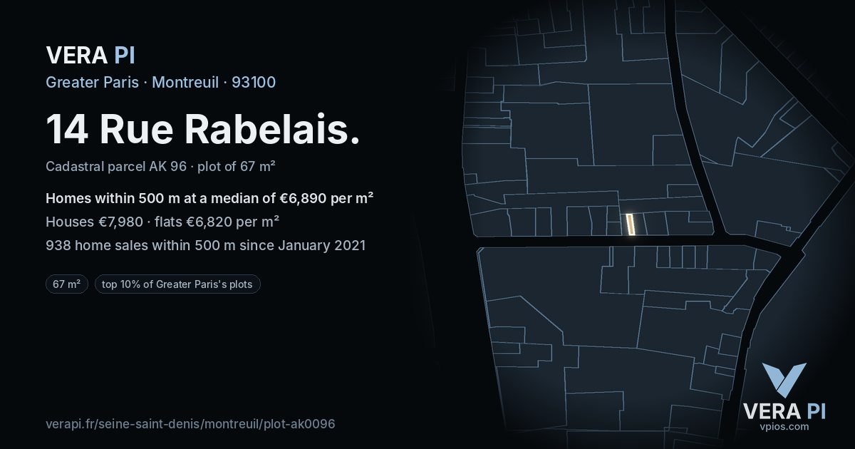 14 Rue Rabelais, Montreuil at night – the plot lit, the parcels around coloured by the prices near them