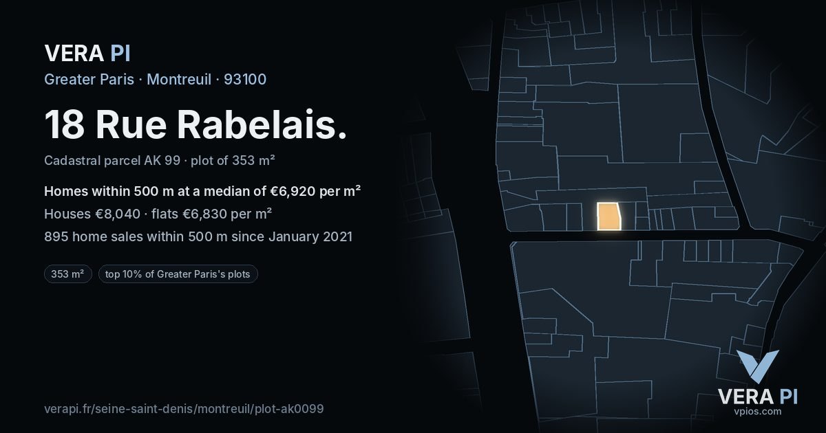 18 Rue Rabelais, Montreuil at night – the plot lit, the parcels around coloured by the prices near them