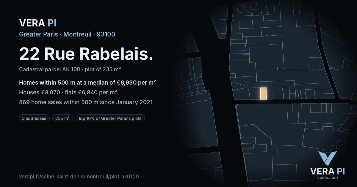 22 Rue Rabelais, Montreuil at night – the plot lit, the parcels around coloured by the prices near them
