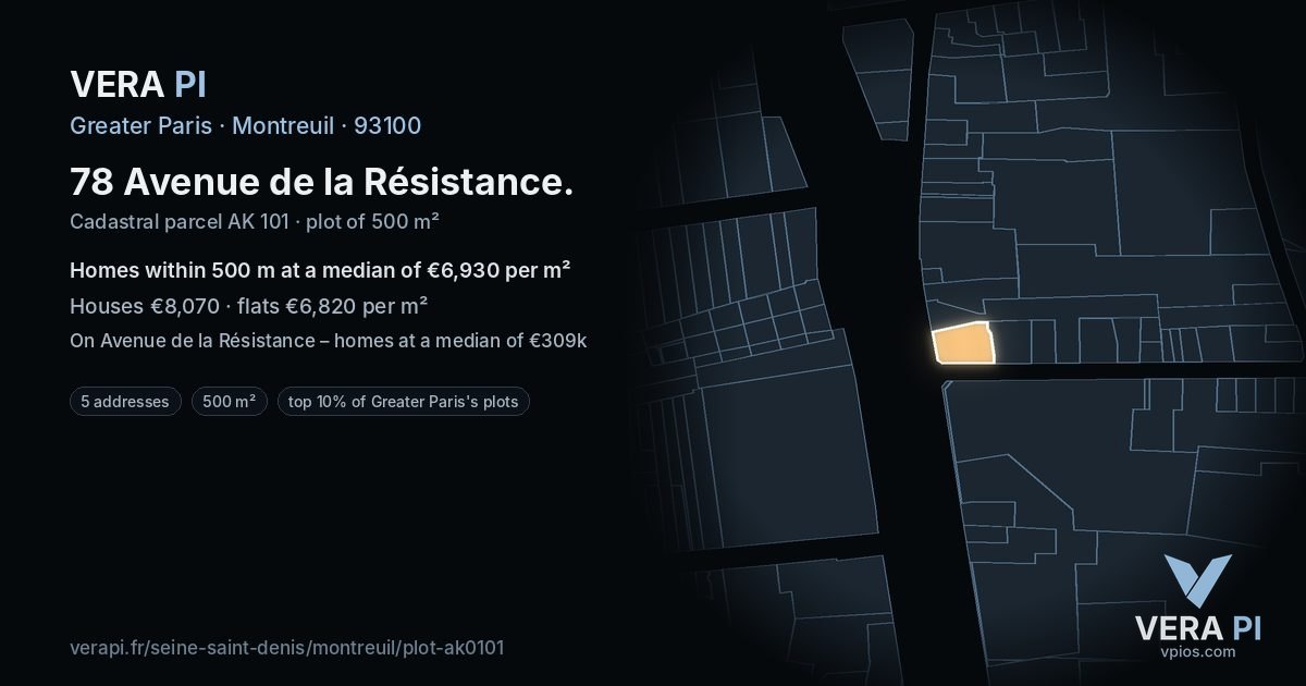 78 Avenue de la Résistance, Montreuil at night – the plot lit, the parcels around coloured by the prices near them