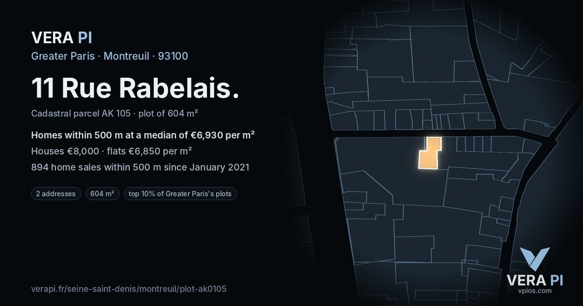 11 Rue Rabelais, Montreuil at night – the plot lit, the parcels around coloured by the prices near them