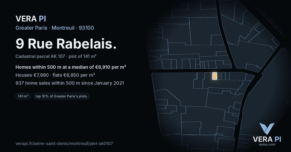 9 Rue Rabelais, Montreuil at night – the plot lit, the parcels around coloured by the prices near them