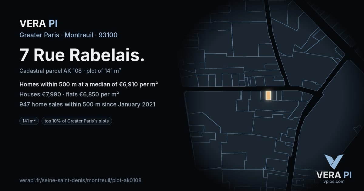7 Rue Rabelais, Montreuil at night – the plot lit, the parcels around coloured by the prices near them